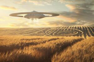 A large spaceship is flying over a field of tall grass photo