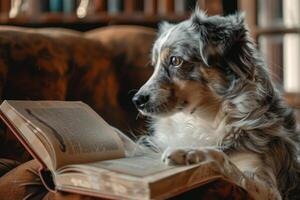 A dog is laying on a couch and looking at an open book photo