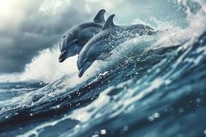 Two dolphins are swimming in the ocean, one of which is jumping out of the water photo