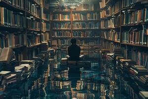 A man sits in a flooded library, surrounded by books photo