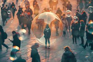 A person is standing in a bubble with a group of people around them photo