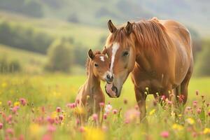 A horse and her baby in a field of flowers photo