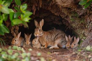 A family of rabbits in a hole photo