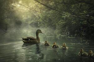 A duck and her ducklings swimming in a river photo