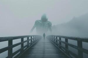 A person walking on a bridge with a giant monster in the background photo