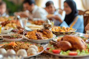 A family is sitting at a table with many plates of food photo