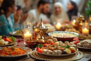 A table with food and candles on it photo