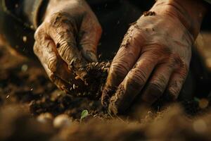 Hands of an old man planting seeds in the soil photo