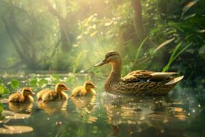 A mother duck and her three ducklings are swimming in a pond photo