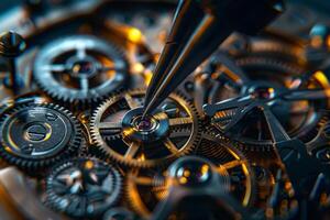 A close up of a clock with a pen on it photo