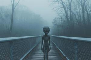 An alien standing on a bridge in the fog photo