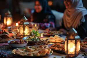 A group of people are sitting around a table with a variety of food and drinks photo