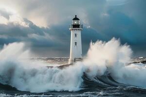 A lighthouse is in the middle of a large wave photo