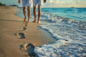 Two people walking on a beach with the ocean in the background photo