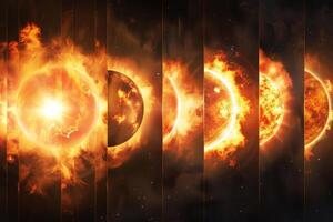 A series of images of the sun with the first one being a close up of the sun photo