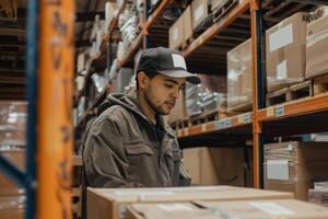 A man wearing a hat and a grey jacket is sorting through boxes in a warehouse photo
