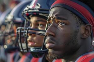 A group of football players are lined up, one of whom is looking at the camera photo
