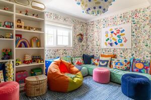 A colorful room with a lot of toys and a white wall with a picture of a car photo