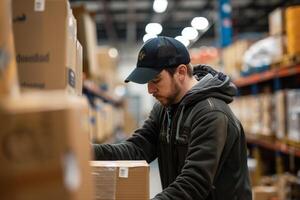 A man wearing a hat and a jacket is sorting through boxes in a warehouse photo