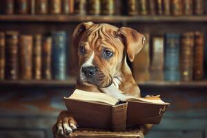 A dog is reading a book in front of a library photo