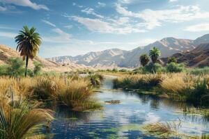 A river in the desert with tall grass and palm trees photo