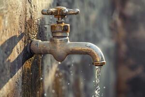 A close up of a water faucet with water flowing out photo