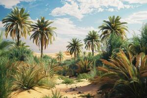 A desert scene with palm trees and bushes photo