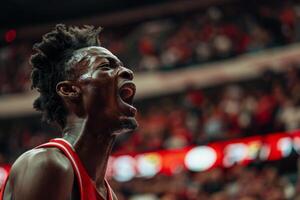 A basketball player with dreadlocks yelling photo