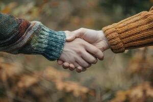 Two people shaking hands in front of a tree photo