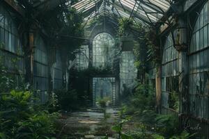 A dark, abandoned greenhouse with plants growing inside photo