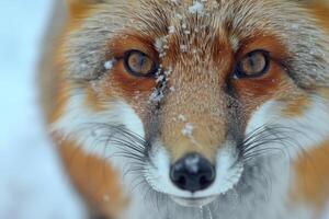 A close up of a red fox in the snow photo