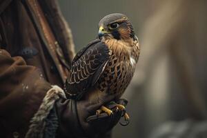 A hawk is perched on a man's hand photo