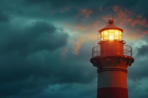 A lighthouse is lit up in the dark sky photo