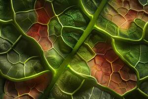 A close up of a leaf with green and red veins photo
