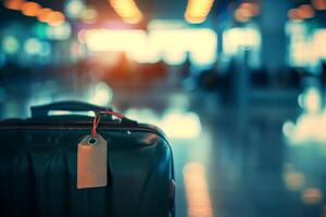 A suitcase with a tag on it in an airport photo