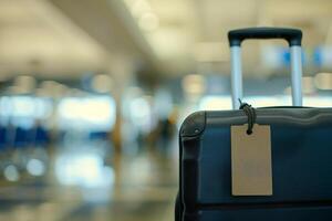 A black suitcase with a tag on it in an airport photo