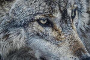 A close up of a wolf's face with a blue eye photo