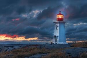 A lighthouse is lit up under a cloudy sky photo