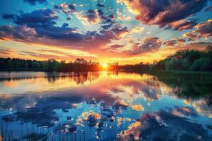 A beautiful sunset over a lake with clouds reflected in it photo