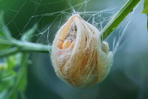 A spider web with a flower on it photo