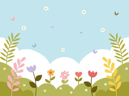 Garden spring background. Cute and colorful plants, leaves and flowers. Blue sky. Template banner
