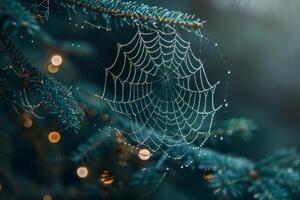 A spider web is hanging from a tree branch photo