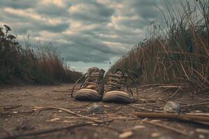 A pair of shoes sitting on the ground in a field photo