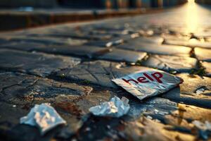 A piece of paper with the word help on it laying on the ground photo