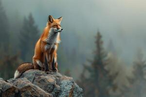 A red fox sits on a rock in the fog photo