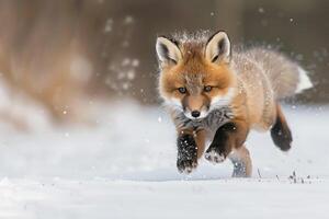 A fox running through the snow photo