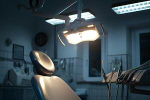 A dentist's office with a light shining on the chair photo