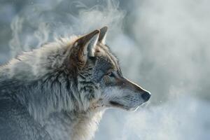 A wolf is standing in the snow with smoke coming out of its mouth photo