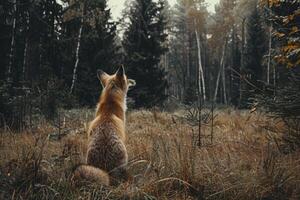 A fox stands in the middle of a forest photo