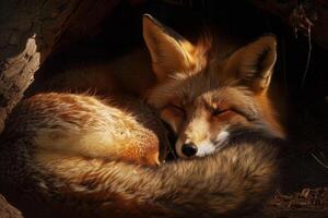 A fox sleeping in a hole in the ground photo